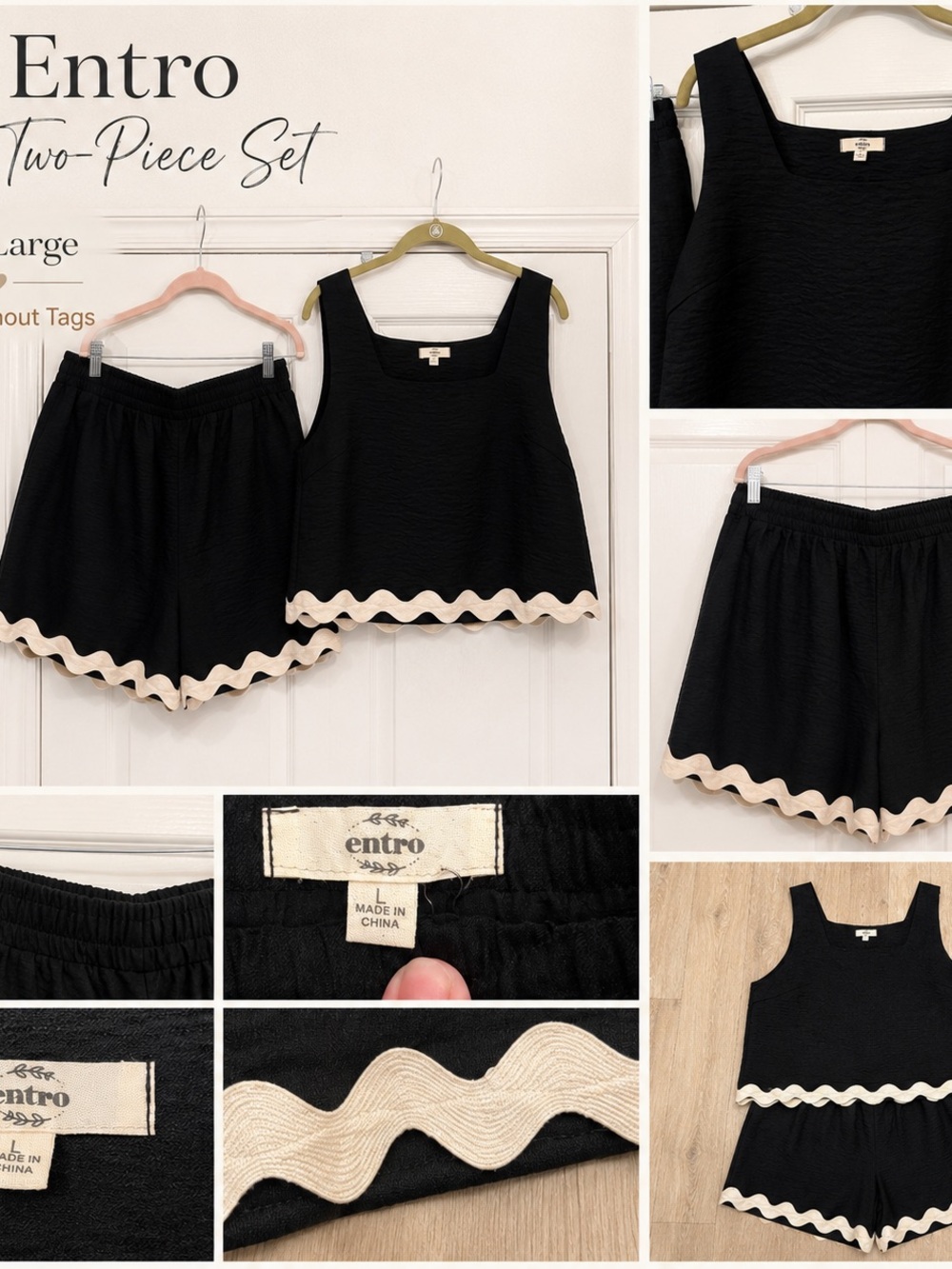 entro Black High Waist Two-Piece Shorts Set with Cream Trim